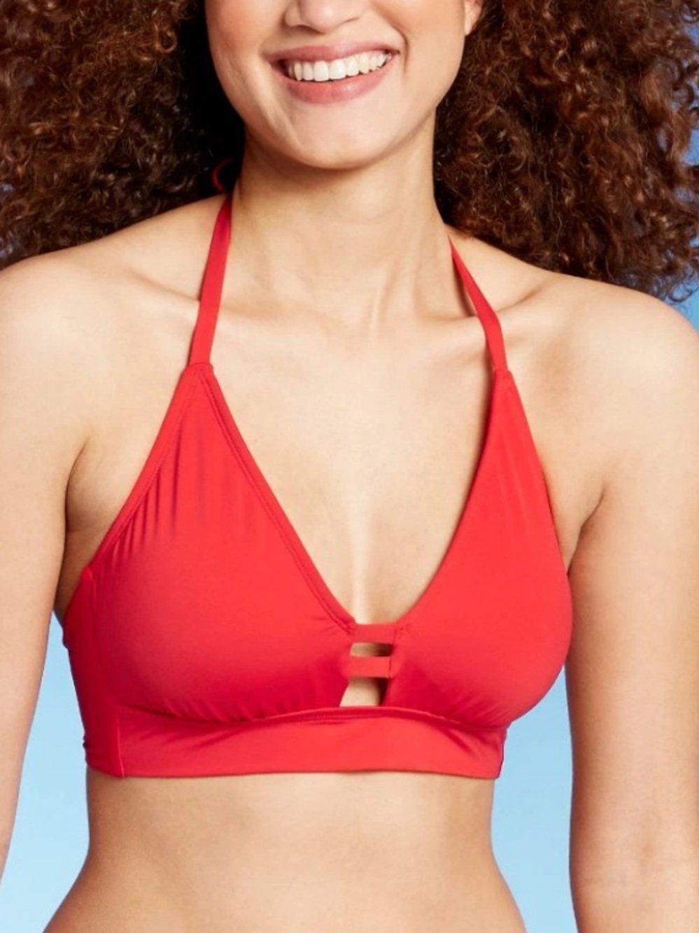 Kona Sol Resort Beach Double Tab Triangle Bikini Halter Top Padded Bright Red L